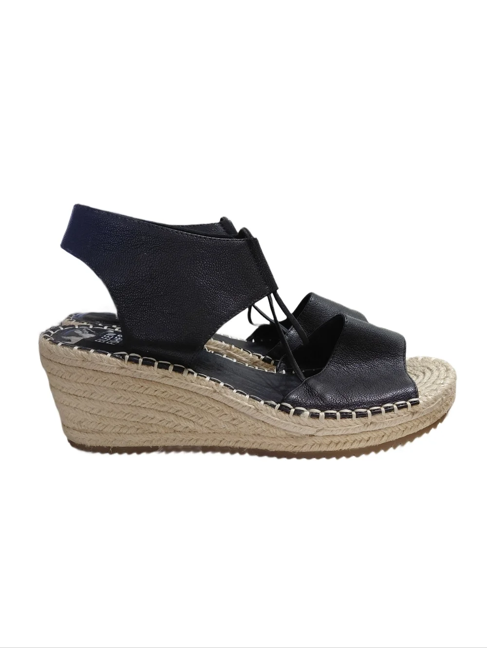 Eileen Fisher Black Leather Espadrille Wedge Sandals Size 10